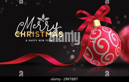 Frohe weihnachten Text Vektor-Design. Frohe weihnachten und frohes neues Jahr Grußkarte mit roten Weihnachtskugeln und Glitzermuster in elegant Stock Vektor