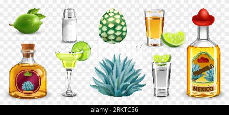 Tequila als Nationalgetränk realistische Symbole isoliert an transparenter Hintergrund farbiger Vektorillustration Stock Vektor