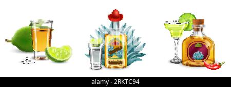 Tequila three realistic compositions consisting of bottles and wineglasses decorated wing limes and blue agave isolated vector illustration Stock Vector