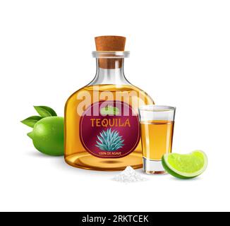 Flasche mexikanischer Tequila mit Weinglas, verziert mit einer realistischen Farbkomposition aus Kalk auf weißer Hintergrundvektorillustration Stock Vektor