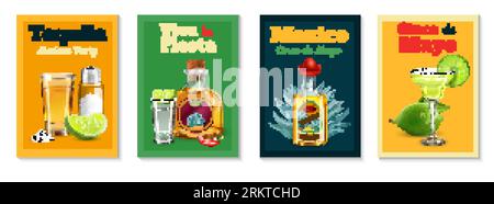 Tequila realistic poster set with captions viva fiesta and mexico isolated isolated vector illustration Stock Vector