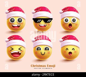 Weihnachtsmoji-Zeichen Vektor-Set-Design. Emojis-Charaktere tragen santa-Hut-Elemente für die weihnachtszeit-Elemente. Vektorillustration gelb Stock Vektor