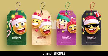 Weihnachten Emojis Tags Vektor Set Design. Frohe weihnachten Text mit Emoji-Zeichen für saisonale Widmung Tag, Aufkleber und Kartensammlung. Vektor Stock Vektor