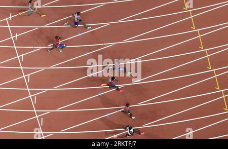 Budapest, Hungary. 25th Aug, 2023. Athletes competes during the men's 200m final during the World Athletics Championships in Budapest, Hungary, Aug. 25, 2023. Credit: Li Ying/Xinhua/Alamy Live News Stock Photo