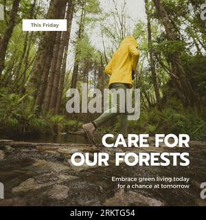 Komposit von diesem freitag, kümmern Sie sich um unsere Wälder Text, Wanderer Wandern auf Felsen im Wald Stockfoto