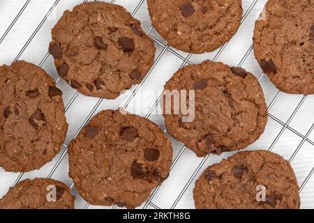 Hausgemachte Schokoladenkekse – Cookies werden oft mit Getränken wie Milch, Kaffee oder Tee serviert. Stockfoto