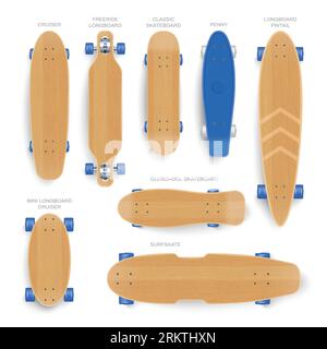 Realistic skate board set of isolated top view images with text captions for different skateboard types vector illustration Stock Vector