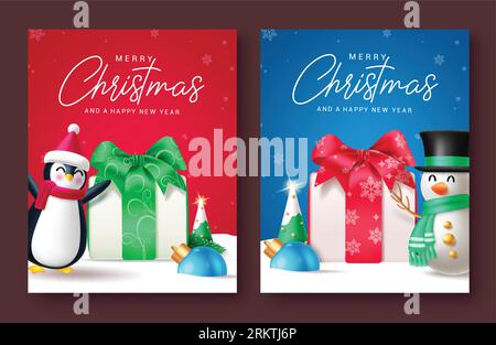 Frohe weihnachten Text Vektor Poster Set Design. Weihnachtsgrüßkarte mit Pinguinen und Schneemann-Figuren im Schnee-Winter-Hintergrund. Vektor Stock Vektor