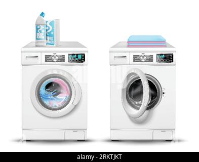 Realistisches Waschmaschinenset mit isolierten Bildern von Arbeits- und Standby-Waschmaschinen mit Vektorillustration für Reinigungsmittel Stock Vektor