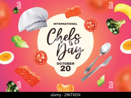 International chefs day composition of badge with editable text and isolated icons of vegetable cuts fruits vector illustration Stock Vector