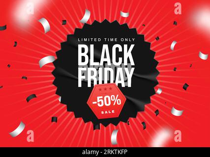 Black friday Komposition mit schwarzem und rotem Badge bearbeitbarer Text mit Rabattmarke und fliegender Konfetti-Vektorillustration Stock Vektor