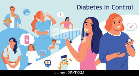 Diabetes-Komposition mit editierbarem Text und menschlichen Zeichen von Patienten mit Gedankenblasen und Ikonen in Vektorillustration Stock Vektor