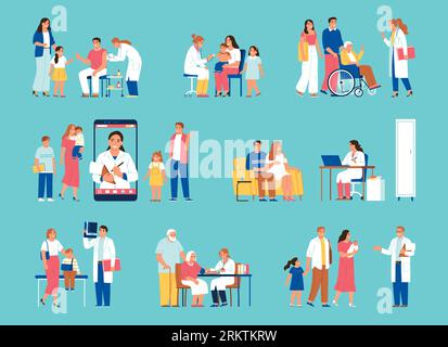 Families having consultation with their doctors online and in office flat set isolated on color background vector illustration Stock Vector