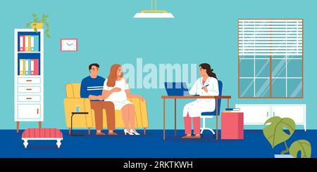 Family doctor composition with husband and pregnant wife having appointment at doctors office with modern interior vector illustration Stock Vector