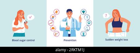 Set with three square diabetes compositions with editable text round icons of prohibited items and people vector illustration Stock Vector