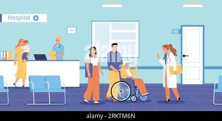 Family doctor composition with indoor scenery of hospital reception desk with family members and medical specialists vector illustration Stock Vector