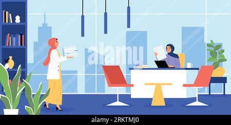 Muslim businesswomen composition with indoor scenery of office with female boss and employee working with papers vector illustration Stock Vektor