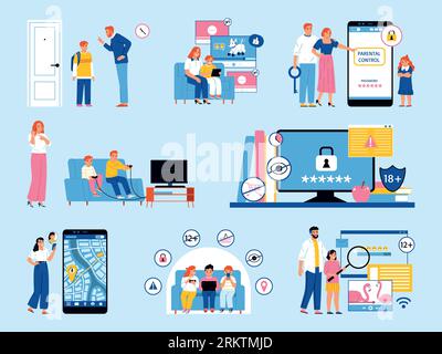 Parental control color set with isolated icons pictograms of content protection and characters of teenage kids vector illustration Stock Vector