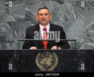 120927 -- NEW YORK, Sept. 27, 2012 Xinhua -- Jorge Carlos De Almeida Fonseca, president of Cape Verde, addresses the General Debate of the 67th session of the UN General Assembly at the UN headquarters in New York, the United States, Sept. 27, 2012, as the week-long event entered into its third day here on Thursday. Xinhua/Shen Hong UN-NEW YORK-GENERAL ASSEMBLY-GENERAL DEBATE PUBLICATIONxNOTxINxCHN Stock Photo