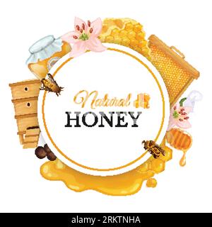 Natural honey round frame decorated with honeycombs beehive and bees realistic vector illustration Stock Vector