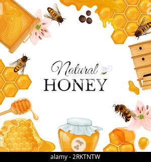 Honey frame composition with ornate text surrounded by images of honeycomb bees and beehives with flowers vector illustration Stock Vector