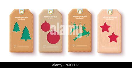 Frohe weihnachten Geschenke Tags Vektor Set Design. Weihnachtskarte zur saisonalen Begrüßung für Geschenketiketten und Aufkleber in brauner Farbgestaltung. Vektor Stock Vektor