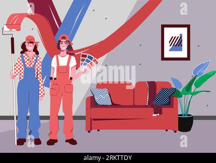 Zwei glückliche Innenarchitekten oder Maler mit Farbpalette Malerei Wand in Wohnzimmer flache Vektor-Illustration Stock Vektor