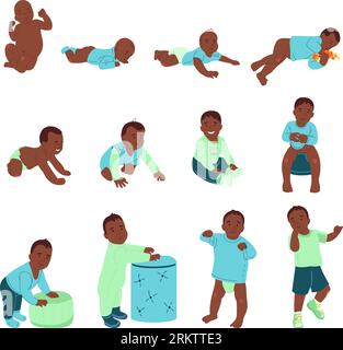 Baby development stages flat icons set of happy little black cartoon kids in different poses isolated vector illustration Stock Vector