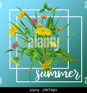 Summer realistic blue background decorating with bouquet consisting of dandelions clovers buttercups vector illustration Stock Vector