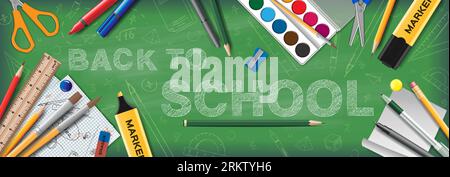 Zurück zur Schule grünes Tafel Banner mit Stiften Stifte Marker Aquarellfarben und Schreibwaren realistische Vektor-Illustration Stock Vektor