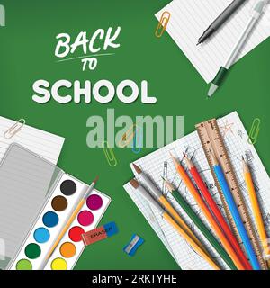 Back to school realistic composition consisting of pens pencils watercolor paints stationery items at green background vector illustration Stock Vector