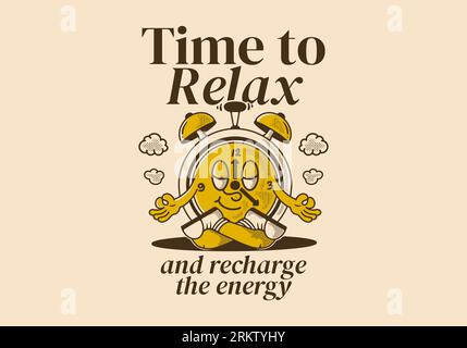 Time to relax and recharge energy, alarm clock mascot character in meditation pose, design in vintage style Stock Vector