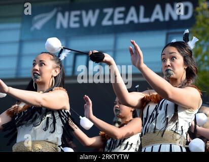 Bildnummer: 58575369  Datum: 10.10.2012  Copyright: imago/Xinhua (121010) -- FRANKFURT, Oct. 10, 2012 (Xinhua) -- Dancers from New Zealand show the Maori cultural performance during the Frankfurt Book Fair 2012 in Frankfurt, Germany, Oct. 10, 2012. The Frankfurt Book Fair 2012 kicked off on Wednesday and will conclude on Sunday. The event is expected to be attended by around 7,400 exhibitors from 104 countries, while New Zealand, as the Guest of Honor 2012 , will highlight its literary and cultural diversity with more than 300 events. (Xinhua/Ma Ning) (cl) GERMANY-FRANKFURT-BOOK FAIR 2012 PUBL Stock Photo