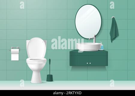 Bathroom lavatory realistic interior in green tones with white toilet washbasin mirror and accessories for practising hygiene vector illustration Stock Vector