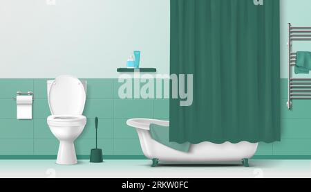 Bathroom interior with green color elements toilet bathtub and towel rail realistic vector illustration Stock Vektor