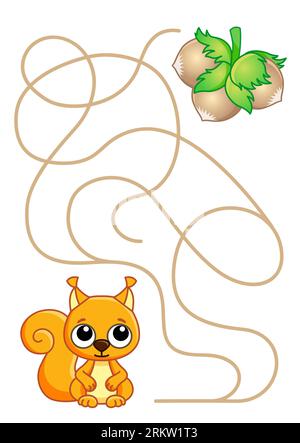 Labyrinth für Kinder. Helfen Sie einem Eichhörnchen, den richtigen Weg zu finden Stock Vektor