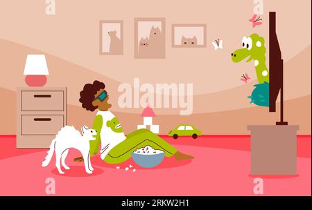 Zeichentrickhintergrund mit TV-Symbolen flacher Vektorillustration Stock Vektor