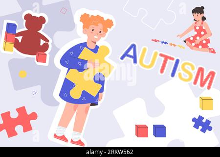 Autism flat collage with children and colorful puzzle pieces vector illustration Stock Vector