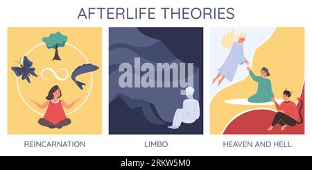 Afterlife Death Flat Infografisches Set aus drei quadratischen Kompositionen, die Reinkarnation Limbo mit Himmel und Hölle Vektor Illustration zeigen Stock Vektor