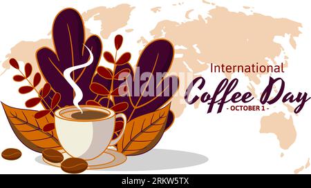 Internationaler Kaffeetag Hintergrund mit flacher Illustration von Kaffeetasse und Pflanzen. Kann für Banner, Poster, Web, Social-Media-Beiträge usw. verwendet werden Stock Vektor