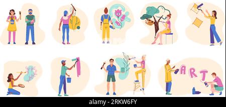 Wandmalerin Flat Set von isolierten Ikonen mit Charakteren von jungen Menschen malen Wände erstellen Kunstwerke Vektor-Illustration Stock Vektor