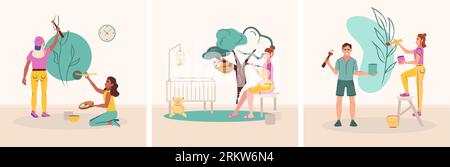 Wandmalerin flache Set von quadratischen Kompositionen mit jungen Menschen malen schöne Bilder auf Zimmerwände Vektor-Illustration Stock Vektor