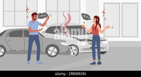 Angry people flat composition with outdoor scenery and view of traffic accident with arguing drivers characters vector illustration Stock Vektor