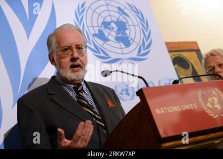 Bildnummer: 58633714  Datum: 25.10.2012  Copyright: imago/Xinhua (121025) -- GENEVA, Oct. 25, 2012 (Xinhua) -- Chairman of the UN s Commission of Inquiry on Syria Paulo Pinheiro answers questions during a press conference in Geneva, Switzerland, on Oct. 25, 2012. Members of the UN s Commission of Inquiry (CoI) on Syria on Thursday said they have decided to send a letter to Syrian President BasharxAssad to demand a meeting with the Syrian leader. (Xinhua/Wang Siwei) (yby) SWITZERLAND-GENEVA-UN-SYRIA PUBLICATIONxNOTxINxCHN Politik people xas x1x premiumd 2012 quer     58633714 Date 25 10 2012 Co Stock Photo