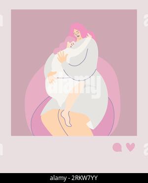 Mother and daughter hugging instant photo vector illustration. Stock Vector