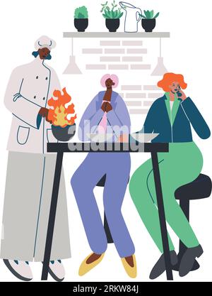 Koch kocht Abendessen für Besucher in Restaurant Vektor Illustration. Stock Vektor