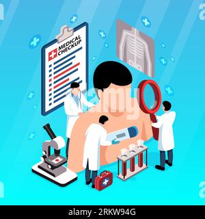 Medical checkup isometric composition with lab equipment and tiny doctors examining man with magnifier stethoscope and thermometer 3d vector illustrat Stock Vector