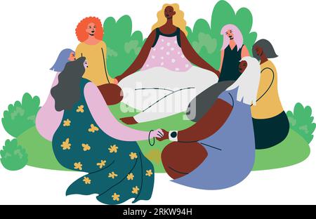 Women support group sitting in circle in nature vector illustration. Stock Vector