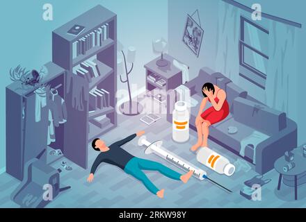 Addiction isometric concept with two drug addict people in messy room with syringe and pill bottles vector illustration Stock Vektor