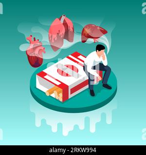 Rauchsucht-Isometrie-Konzept mit männlichem Raucher und beschädigtem Organvektor-Illustration Stock Vektor